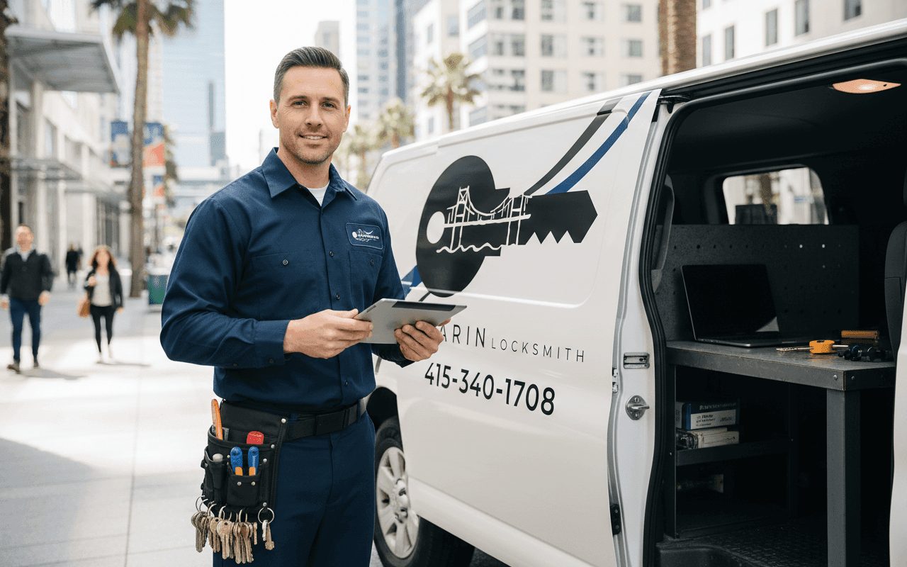 Marin Locksmith tech with branded van in Marin